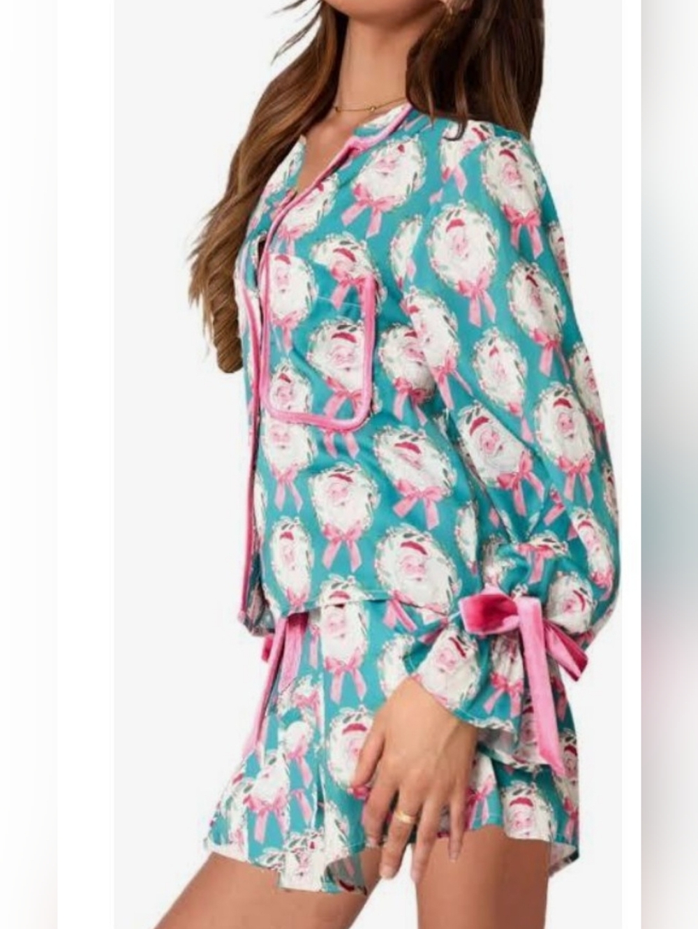 Teal & Pink Holiday Satin Pajama Set